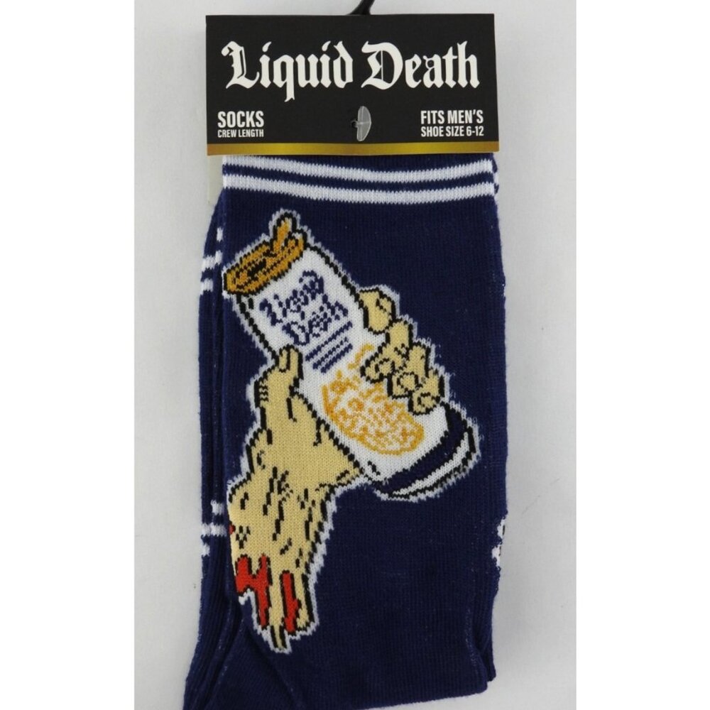 Liquid Death Crew Socks Mens Size 6-12 Navy Blue Graphic Novelty Socks NWT